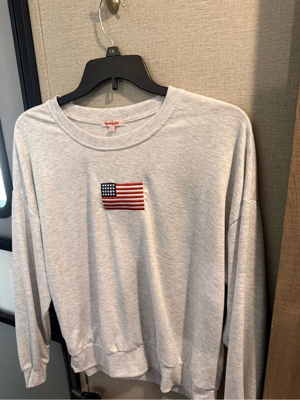 Men's Light Gray Crewneck Sweater with American Flag Patch